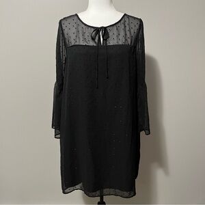 Molly Bracken Sheer Shift Dress Sparkly Swiss Dot Pattern Bell Sleeves Black